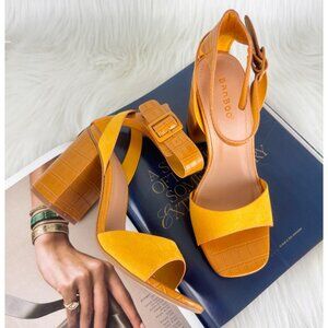 Bamboo Yellow Milestone Croc Accent Ankle Strap Chunky Block Heel Sandals